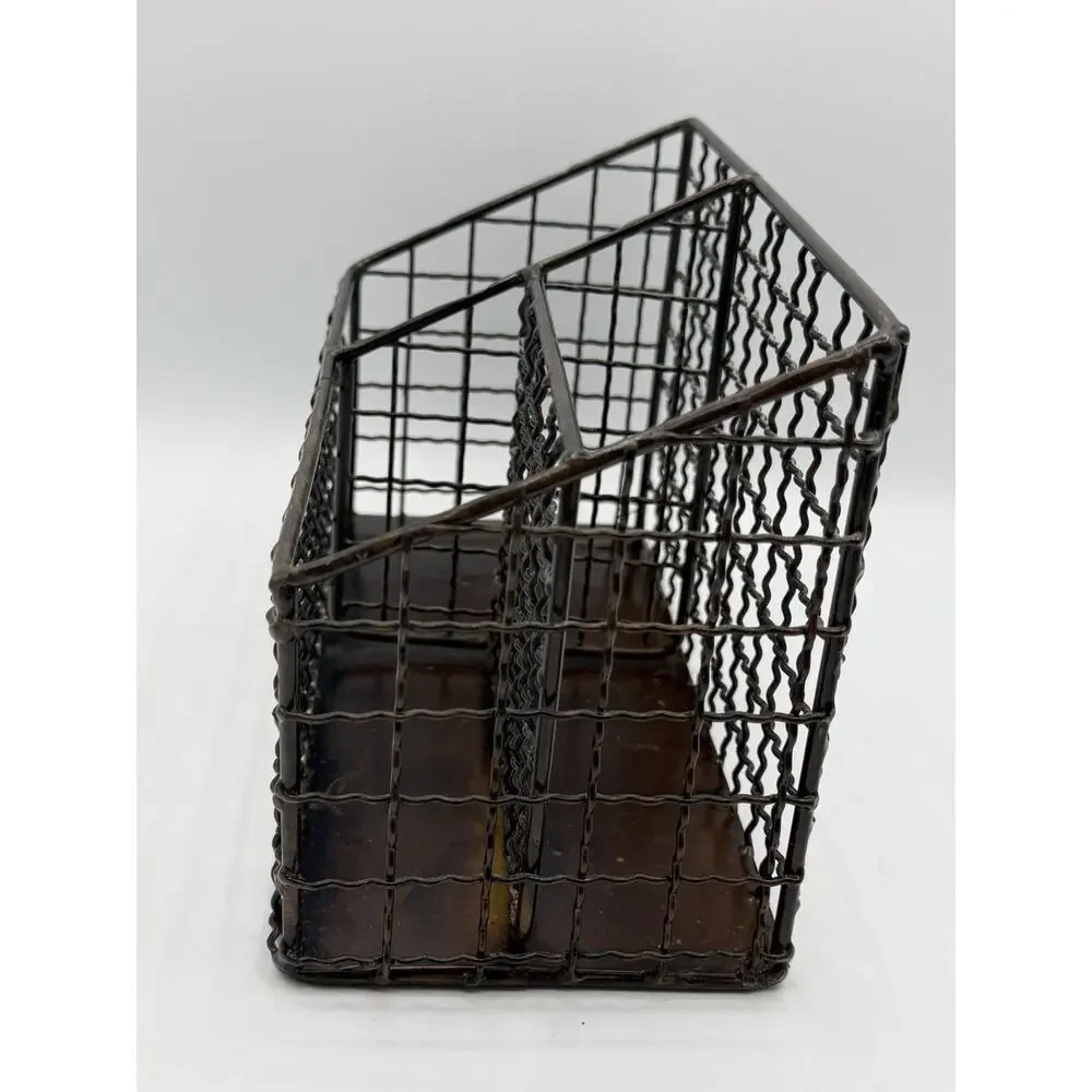 Vtg Rustic Metal Wire Mail Sorter Desk Organizer Office Caddy Charging Station